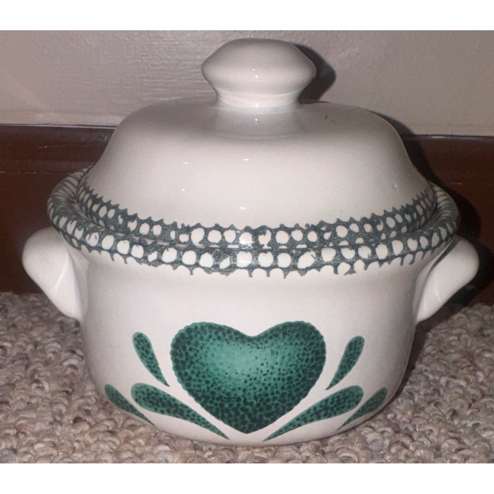 Vintage Mini Stoneware Crock with Lid Green Sponge Heart Country Farmhouse Pot